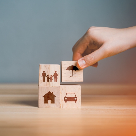 Building blocks with people, a house, a car, and an umbrella